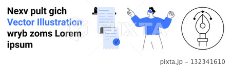 Text with documents, person using VR headset, pen tool icon. Ideal for technology, education, business, design, development, presentations, infographics Landing page 132341610