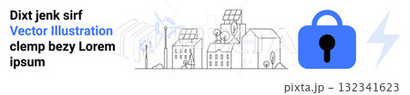 Buildings with solar panels and wind turbines, symbolizing renewable energy. Blue padlock icon represents data security. Ideal for renewable energy, smart cities, technology, cybersecurity 132341623