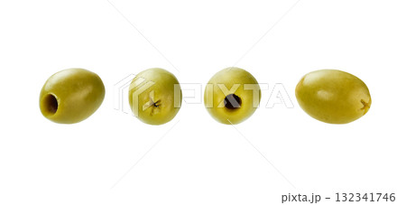 pitted olives isolated on white background. pitted green olives isolated. 132341746