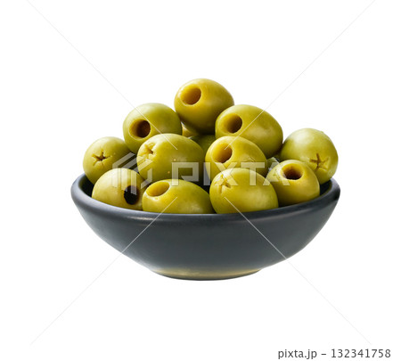 pitted olives in a black ceramic bowl isolated on a white background. pitted olives in a black ceramic bowl isolated on a white background. 132341758