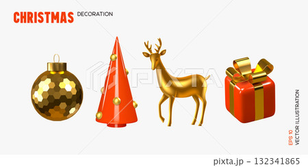 Set of 3D Christmas decorations with golden bauble, red cone tree, reindeer, and gift box with ribbon. Elegant festive elements for winter New Year holiday design. Vector illustration. Set of 3D Christmas decorations with golden bauble, red cone tree, reindeer, and gift box with ribbon. Elegant festive elements for winter New Year holiday design. Vector illustration. 132341865
