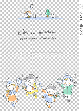 Frame of children enjoying winter. Soft and warm watercolor-style hand-drawn line art illustration. 132341883