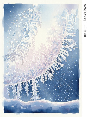 Watercolor Painting of Winter Frost Pattern on Glass Window Effect 132341920