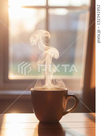 Steaming Coffee in Brown Mug Under Window with Sunlight Steaming Coffee in Brown Mug Under Window with Sunlight 132341952