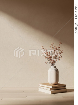 White Vase with Orange Berries on Beige Books Against Textured Wall White Vase with Orange Berries on Beige Books Against Textured Wall 132341953