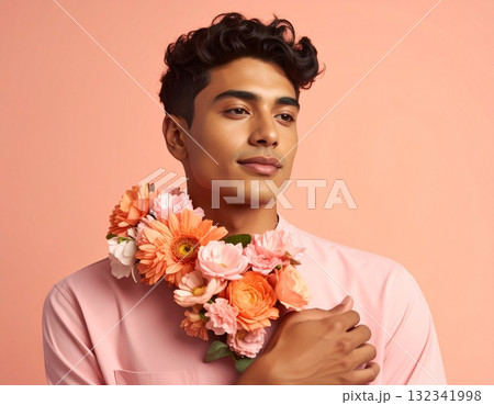 自分を抱きしめる人物と花のイラスト｜メンタルヘルス・セルフケア・癒しを表現したコンセプトアート 132341998