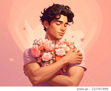 自分を抱きしめる人物と花のイラスト|メンタルヘルス・セルフケア・癒しを表現したコンセプトアート 自分を抱きしめる人物と花のイラスト|メンタルヘルス・セルフケア・癒しを表現したコンセプトアート 132341999