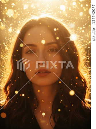Portrait of Woman with Brown Hair in Golden Bokeh Background Portrait of Woman with Brown Hair in Golden Bokeh Background 132342077