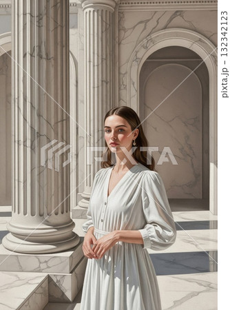 Elegant Woman in White Dress in Marble Archway Setting Elegant Woman in White Dress in Marble Archway Setting 132342123