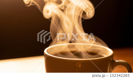 Close up of Steaming Coffee in White Mug on Wooden Surface Close up of Steaming Coffee in White Mug on Wooden Surface 132342265