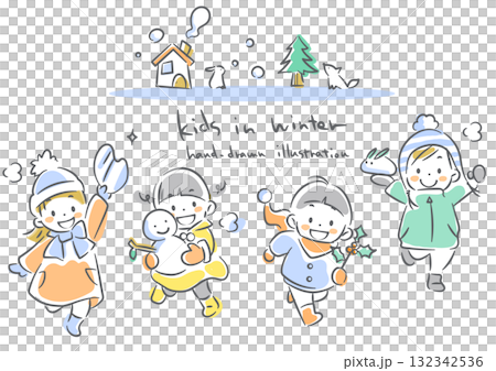 Children enjoying winter - soft and warm watercolor hand-drawn line illustration 132342536