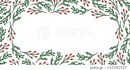 Christmas frame with green branch and red berry forming a festive rectangular border on a white background in flat style. 132342537