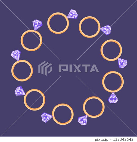 Circular wreath of golden ring with purple diamond gem on dark purple background in flat style. Valentine day card. Circular wreath of golden ring with purple diamond gem on dark purple background in flat style. Valentine day card. 132342542