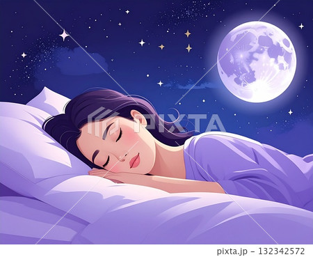 月明かりの下で眠る人物のイラスト｜良質な睡眠・休息・癒しを表現したナイトコンセプトアート 132342572