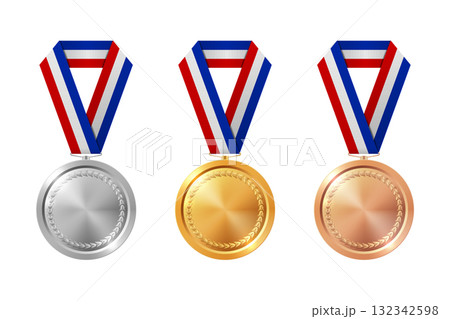 Vector 3d Gold, Silver, Bronze Medal Set. Award Medals for Sport. Medal Icon, Isolated. Medal Badge Collection. Winner First Second Third Place Trophy Design Template for Championship 132342598