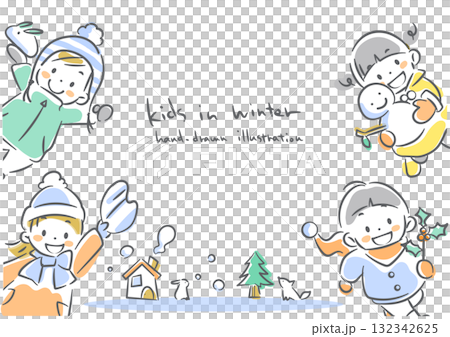 孩子們享受冬天的畫面。柔和溫暖的水彩風格手繪線條藝術插圖。 孩子們享受冬天的畫面。柔和溫暖的水彩風格手繪線條藝術插圖。 132342625