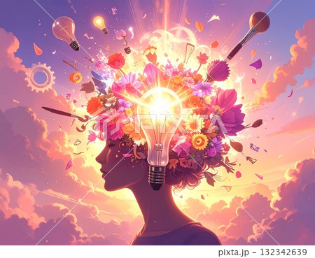 創造力が花開くイラスト｜頭の中から光と花びらが広がるクリエイティブな発想の象徴アート 132342639