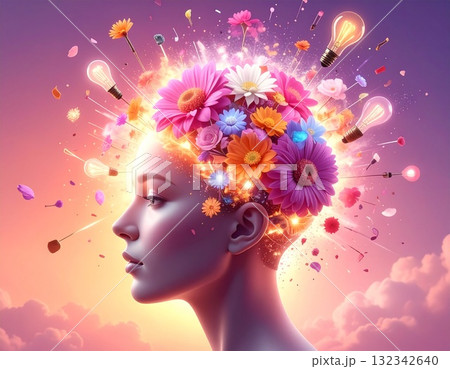 創造力が花開くイラスト｜頭の中から光と花びらが広がるクリエイティブな発想の象徴アート 132342640
