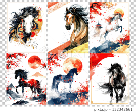 Hand-drawn horse New Year's card style illustration set, New Year's card 132342661