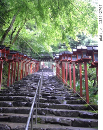 貴船神社の石段と連なる朱塗りの春日灯籠（新緑の参道） 132342767