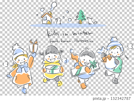 帶著禮物奔跑的孩子 — — 柔和溫暖的水彩手繪線條畫插圖 帶著禮物奔跑的孩子 — — 柔和溫暖的水彩手繪線條畫插圖 132342787
