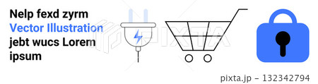 Electric plug with a blue lightning bolt, wireframe shopping cart, blue lock icon. Ideal for e-commerce themes, online security, websites, applications, marketing materials, technology blogs, digital 132342794