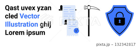 Shield with lock, clipboard with documents and checkmark, pickaxe symbolizes security protocols and data protection, blue and black elements. Ideal for cybersecurity, document security, data mining Shield with lock, clipboard with documents and checkmark, pickaxe symbolizes security protocols and data protection, blue and black elements. Ideal for cybersecurity, document security, data mining 132342817