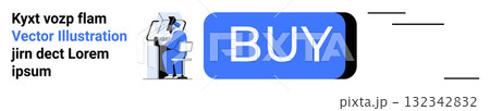 User sitting at computer desk, clicking large blue Buy button. Ideal for e-commerce, online shopping, web design, digital marketing, user interaction, online transaction, merchant services. Landing 132342832