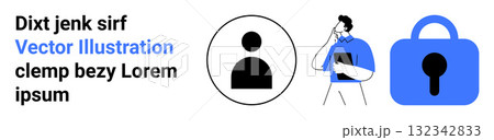Three central elements user profile icon, thinking person holding a clipboard, and a security padlock symbolize digital identity management. Ideal for user access, security protocols, tech solutions 132342833