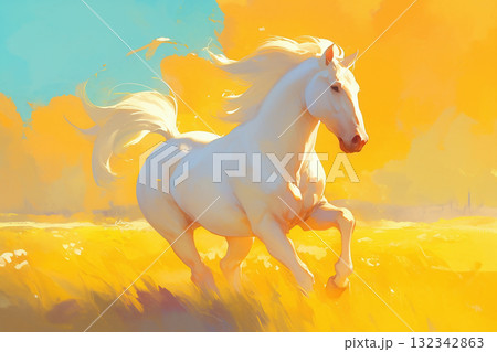 草原を駆ける白い馬 132342863