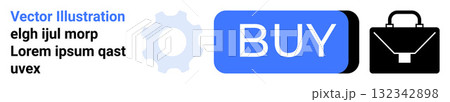 Gear symbol, blue BUY button, and black briefcase icon. Ideal for e-commerce, business websites, online shopping, digital marketing, technology services, user interfaces, visual branding. Landing 132342898