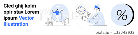 VR user in blue interacting with a brain, percentage symbol, and text blocks. Ideal for tech blogs, business analytics, innovative ideas, user interaction, presentations, marketing materials VR user in blue interacting with a brain, percentage symbol, and text blocks. Ideal for tech blogs, business analytics, innovative ideas, user interaction, presentations, marketing materials 132342932