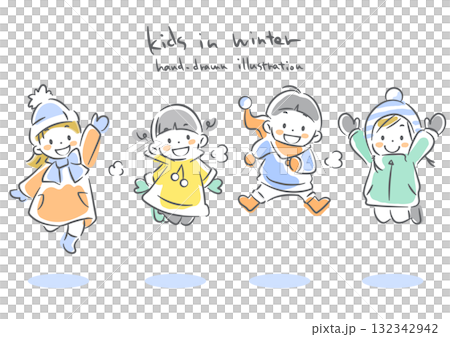 冬日里,孩子們跳躍玩耍。柔和溫暖的水彩風格手繪線條畫。 冬日里,孩子們跳躍玩耍。柔和溫暖的水彩風格手繪線條畫。 132342942