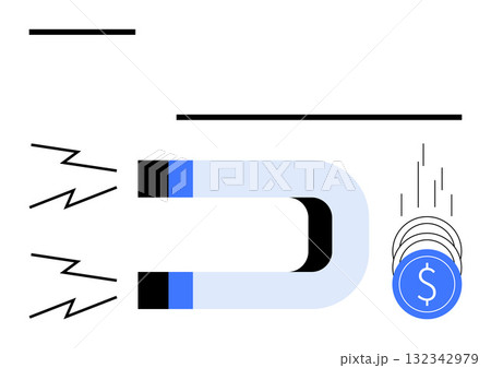 Horseshoe magnet attracting a stack of coins with a dollar sign symbolizing financial gain. Ideal for financial growth, wealth accumulation, investment strategies, business success, economic 132342979