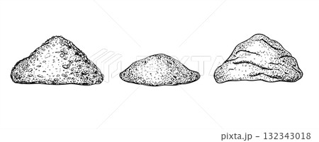 Monochrome heaps of flour powder vector illustration clip art painted by black inks in linear style. Aromatic spice pile set graphic sketch. Food ingredient for cooking recipe, medicine, menu 132343018