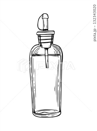 Glass bottle of oil, vinegar or sauce with dispenser monochrome vector illustration painted by black inks. Cooking oil hand drawn sketch for salad dressing decor, menu, recipe design 132343020