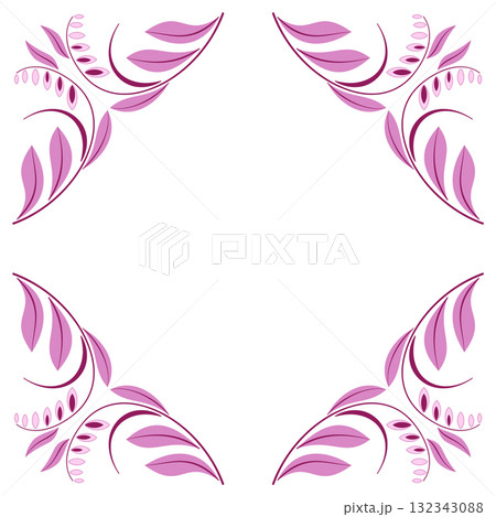 Square diagonal floral frame of curved leaves and flowers in modern style. Pink plant garland on white background. Delicate spring mandala ornament of flowers. 132343088