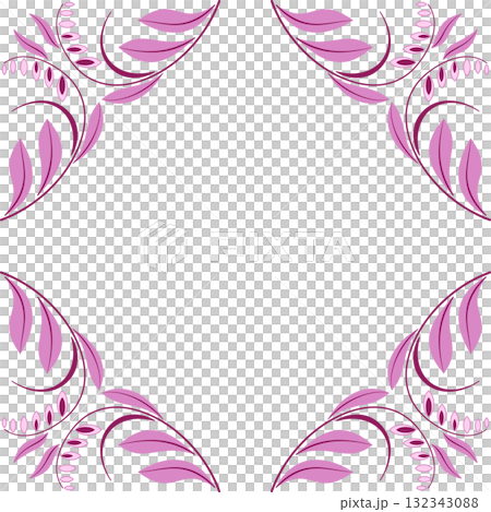 Square diagonal floral frame of curved leaves and flowers in modern style. Pink plant garland on white background. Delicate spring mandala ornament of flowers. Square diagonal floral frame of curved leaves and flowers in modern style. Pink plant garland on white background. Delicate spring mandala ornament of flowers. 132343088