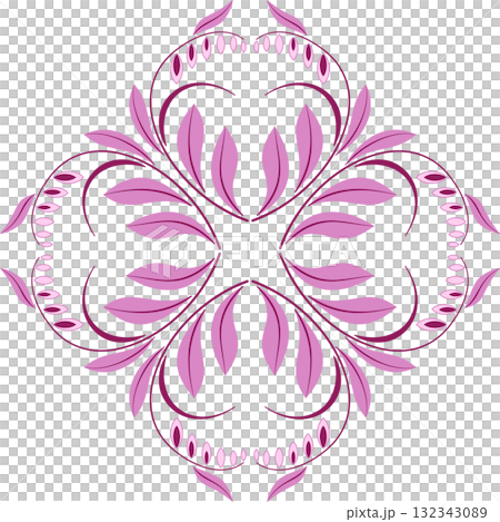 Square diagonal floral design element. Mandala of pink curved leaves and flowers in classic style. Flower mandala on white background. Delicate spring bouquet of flowers. 132343089