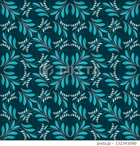 Curved flowers seamless pattern in modern style. Bright shades of sea blue colors ornament. Square monochrome floral kaleidoscope design. Dark vector mosaic tile background Curved flowers seamless pattern in modern style. Bright shades of sea blue colors ornament. Square monochrome floral kaleidoscope design. Dark vector mosaic tile background 132343090