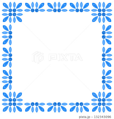 Blue ethnic floral square frame. Shades of blue flowers on white background. Design element in folklore style. Painted ceramic tiles. Square mosaic tile ornament. Blue ethnic floral square frame. Shades of blue flowers on white background. Design element in folklore style. Painted ceramic tiles. Square mosaic tile ornament. 132343096
