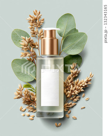 Transparent cosmetic bottle with natural wheat and eucalyptus leaves, symbolizing isolation and exclusion Transparent cosmetic bottle with natural wheat and eucalyptus leaves, symbolizing isolation and exclusion 132343165