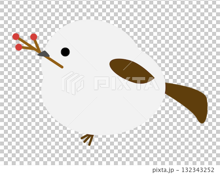 一隻長尾山雀拿著一根指向側邊的樹枝 132343252