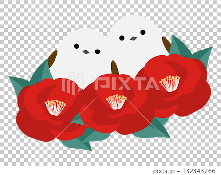 紅山茶花和長尾山雀 132343266