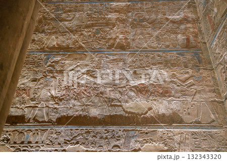 Ancient Carvings at Temple of Luxor Egypt Filmed on Spring Night Visit. 132343320