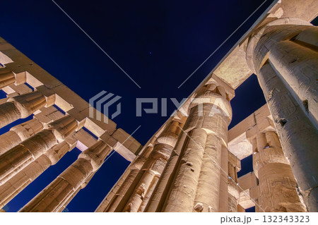 Upward View of Columns at Temple of Luxor Egypt Filmed on Spring Night. Upward View of Columns at Temple of Luxor Egypt Filmed on Spring Night. 132343323