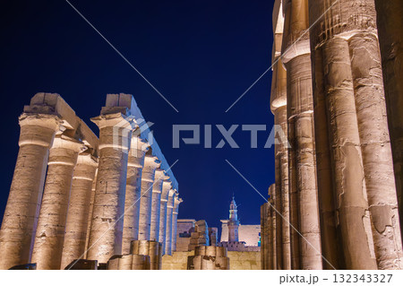 Luxor Temple Pillars at Night with Abu Haggag Mosque Minaret Egypt. 132343327