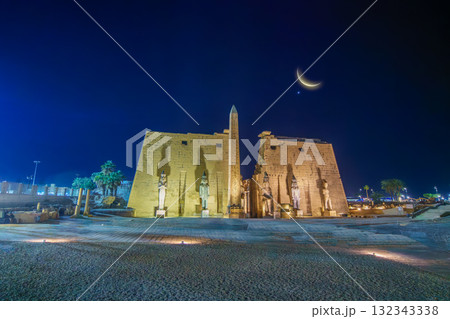 Panoramic Night View of Luxor Temple Egypt Under a Crescent Moon and Venus. 132343338