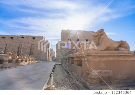 Morning sunlight over the Avenue of Sphinxes at the Temple of Karnak in Egypt. 132343364