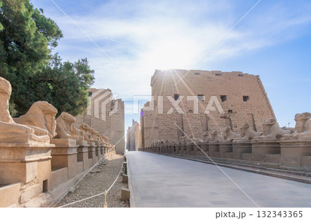 Karnak Temple in Luxor Egypt with Ram Sphinx Statues and Ancient Pylons. Karnak Temple in Luxor Egypt with Ram Sphinx Statues and Ancient Pylons. 132343365